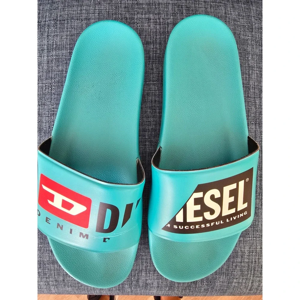 Diesel Men Turquoise Blue Logo Slide Sandals Pool Shoes Made in Italy Size 44
